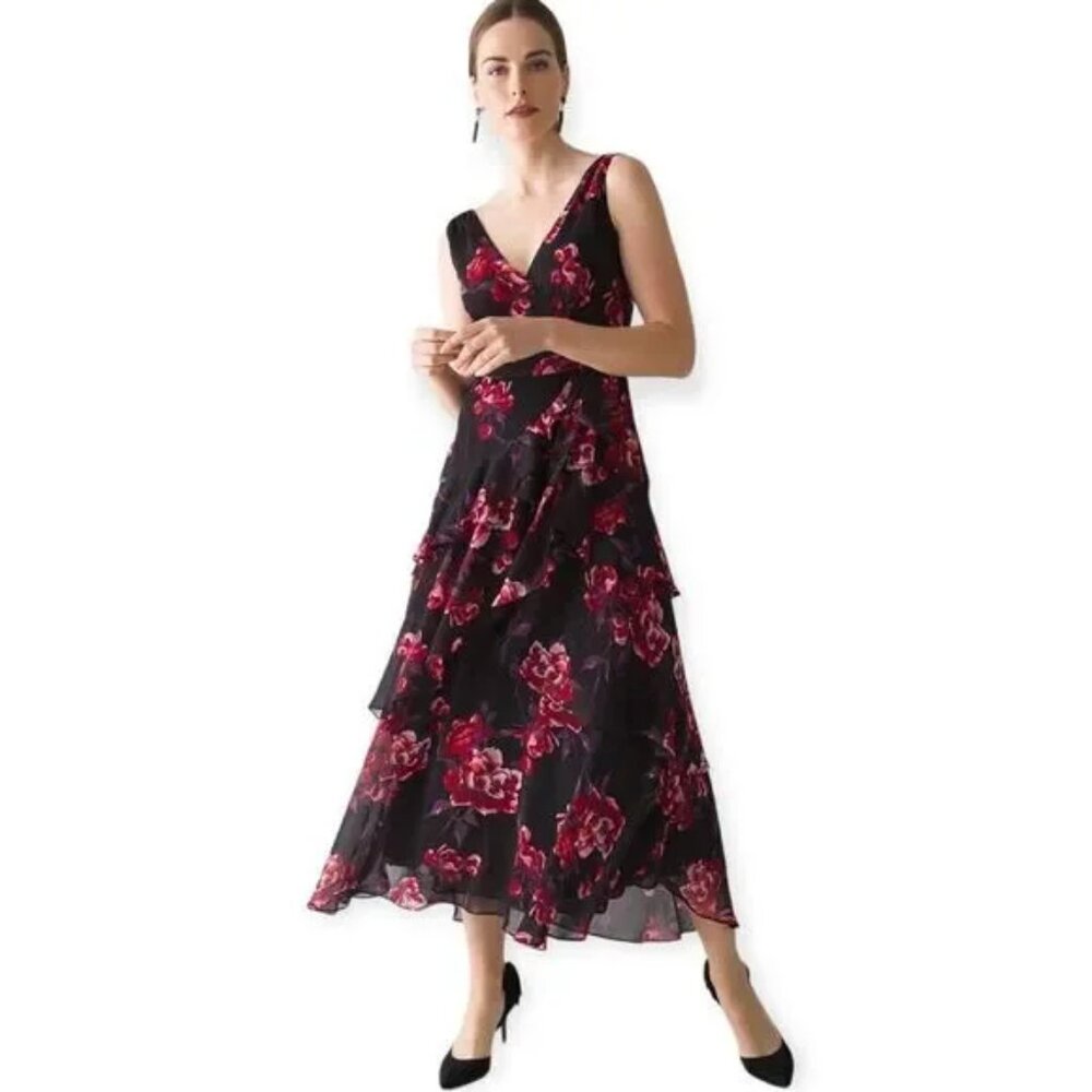 White House Black Market Flirty Floral Roses Midi Dress Size 8 NWT